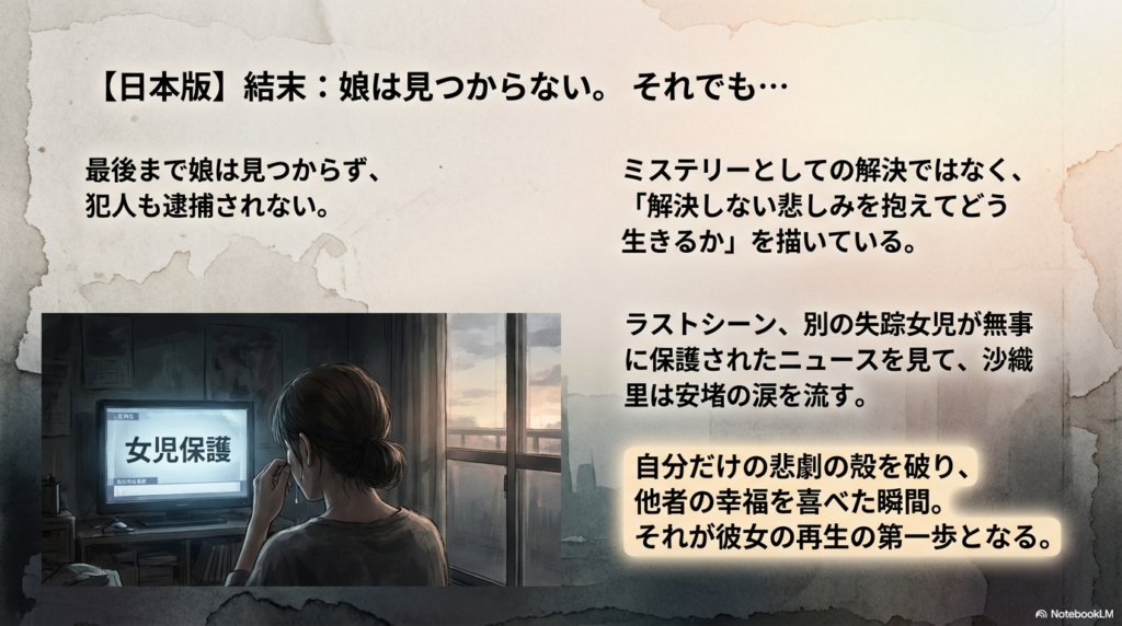 娘は見つからないまま終わるが、他者の幸福を喜べるようになった沙織里の再生の第一歩を描いた解説スライド。