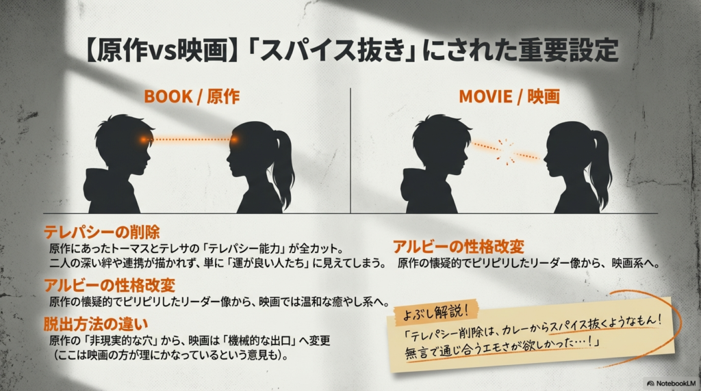 原作にあるテレパシー設定の削除やアルビーの性格改変、脱出方法の違いを比較した表形式のスライド 。