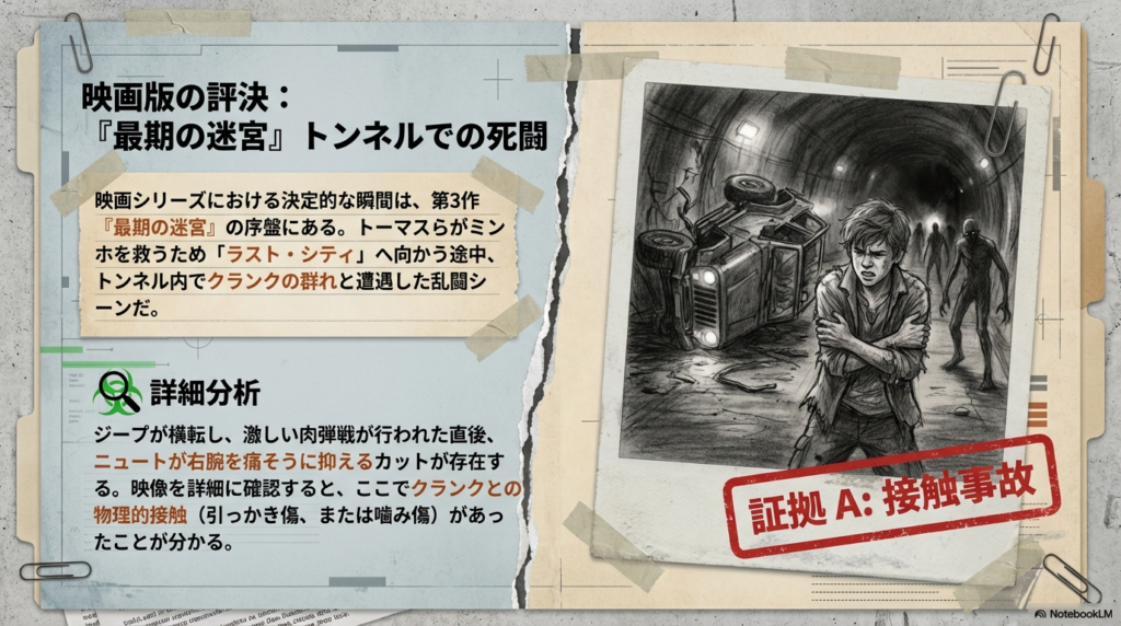 映画『最期の迷宮』序盤のトンネル内での乱闘と、ニュートの右腕への接触事故を詳細分析した証拠スライド