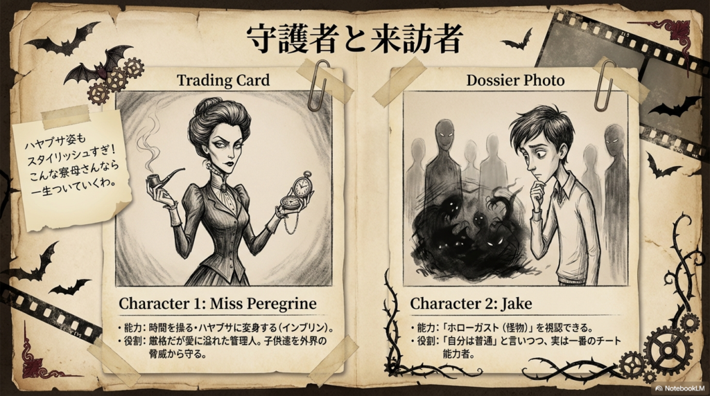 ミス・ペレグリンのハヤブサ変身能力と、ジェイクのホローガスト視認能力を描いたトレーディングカード風のスライド。