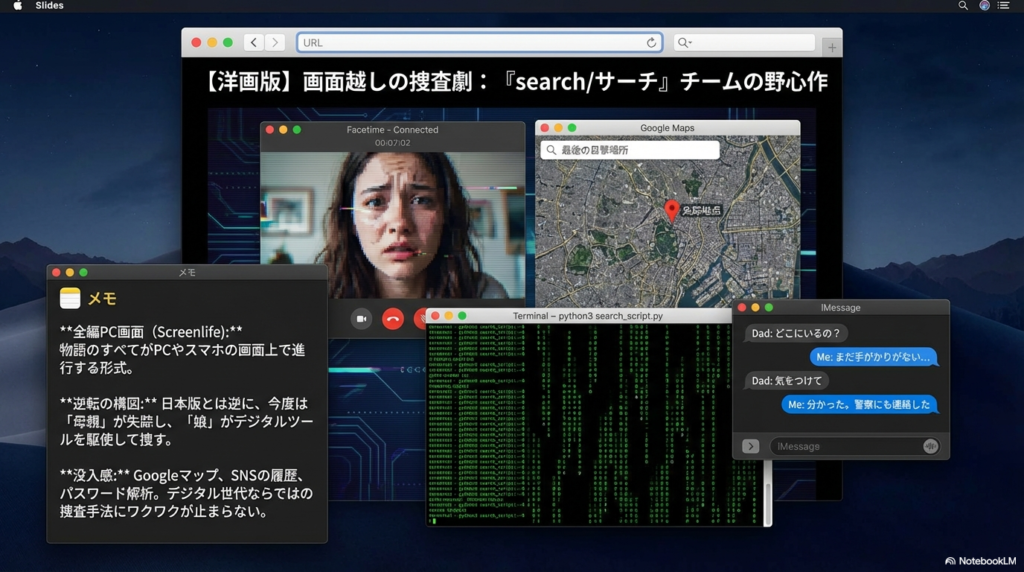 パソコンやスマホの画面上で物語が進行し、GoogleマップやSNSを駆使して母親を捜索するデジタル世代の没入感を表したスライド。