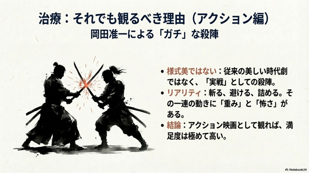 従来の様式美ではない、実戦としての殺陣のリアリティと重みについて解説するスライド。二人の侍が激しく剣を交えるイラストが描かれている。