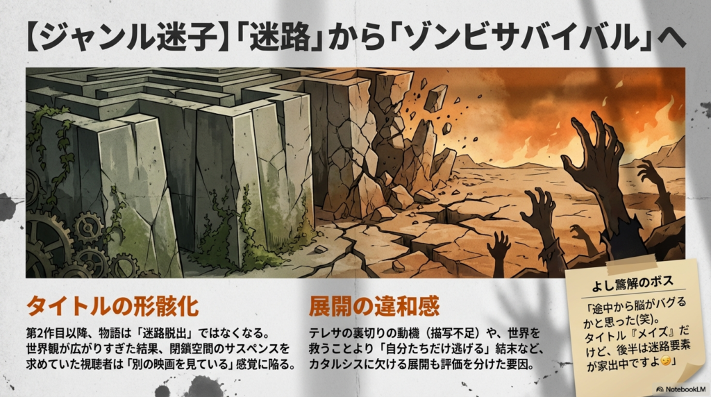 物語が迷路脱出からゾンビサバイバルに変貌し、タイトルの意味が形骸化していく様子を表現したイラストスライド 。