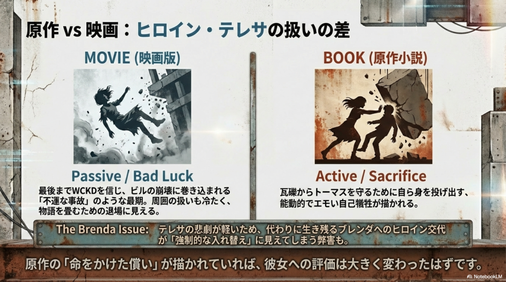 映画版の「ビル崩壊に巻き込まれるテレサ」と、原作版の「トーマスを突き飛ばして守るテレサ」のシルエット比較。