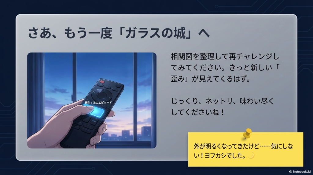 夜明けの街を背景に、リモコンの「再生／次のエピソード」ボタンを押そうとする手のイラスト。