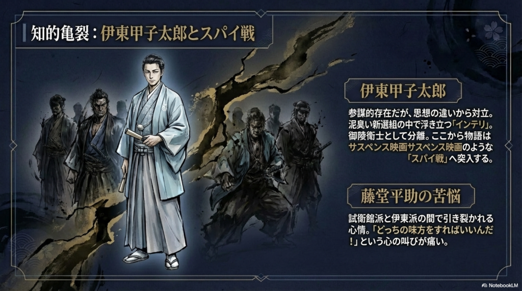 インテリ参謀・伊東甲子太郎との思想対立と、分離した御陵衛士の間で揺れる藤堂平助の苦悩を描いた図 。