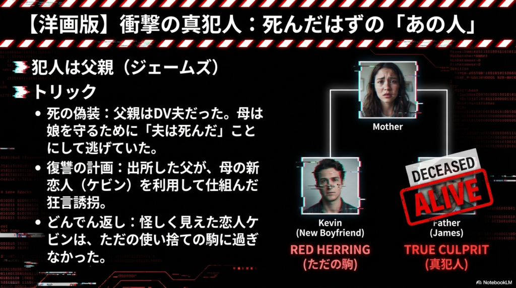 DV夫だった父親ジェームズが死を偽装して出所し、新恋人ケビンを駒として利用した事件の全貌をまとめた図解スライド。