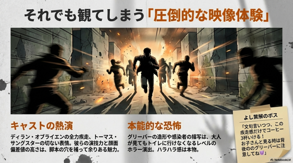 ディラン・オブライエンらの演技力や、グリーバーの造形などホラー演出の迫力を称賛するスライド 。