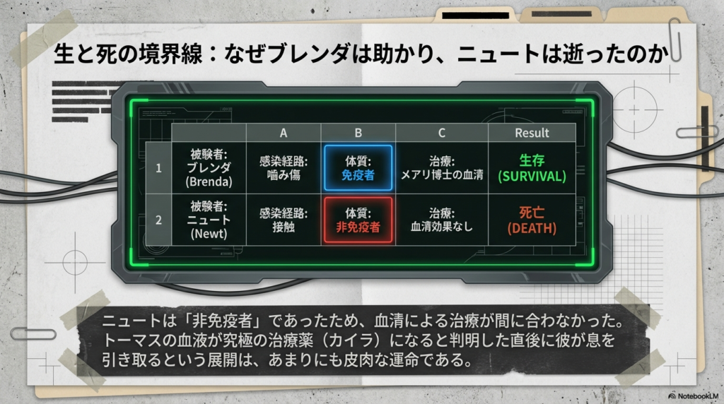 免疫者ブレンダと非免疫者ニュートの生存・死亡を分けた、体質と治療結果の比較表スライド