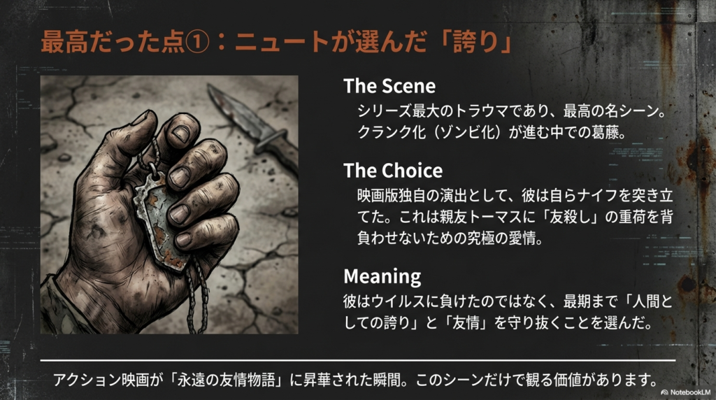 泥に汚れた手でニュートのペンダントを握りしめるイラスト。友情を守るための彼の能動的な選択を強調。