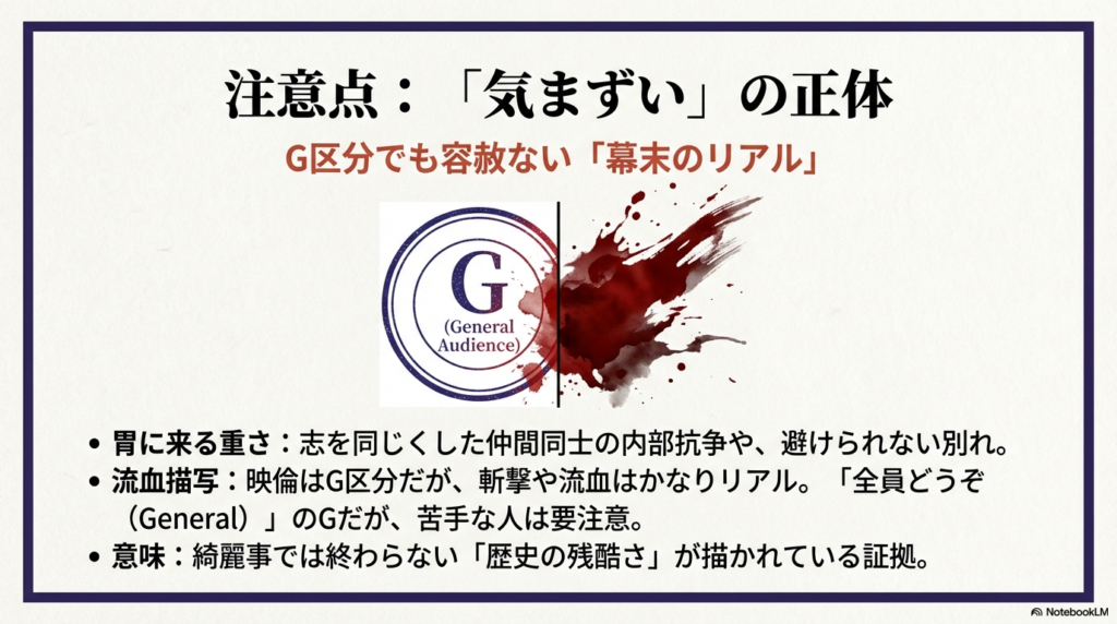 映倫G区分（全年齢対象）でありながら、仲間の内部抗争やリアルな流血描写があることへの注意を促すスライド。血しぶきのイラストと「General Audience」のロゴが描かれている。