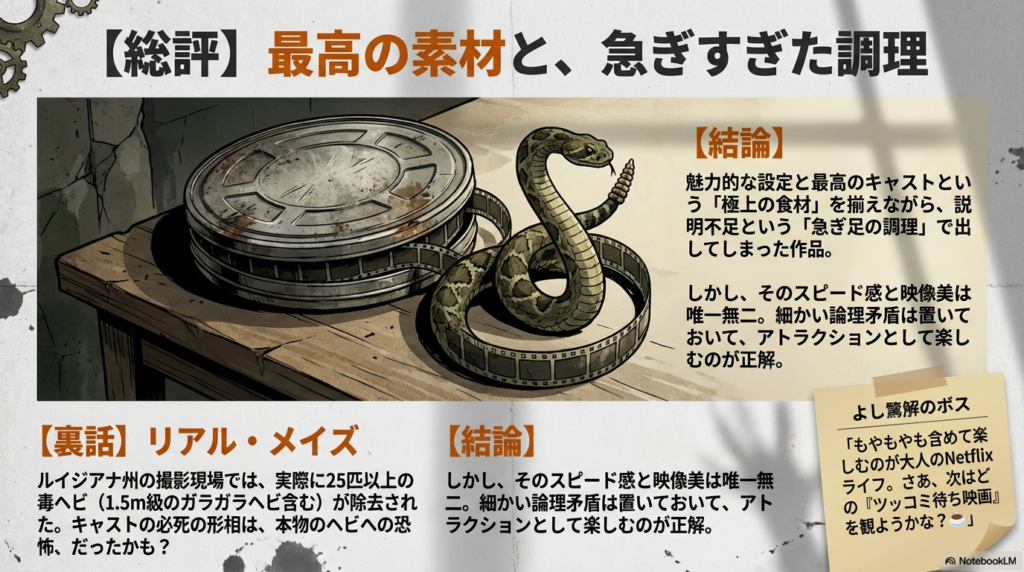 撮影現場に毒ヘビが出た裏話と、「魅力的な設定を説明不足で調理してしまったが、アトラクションとしては正解」とまとめる結論スライド 。