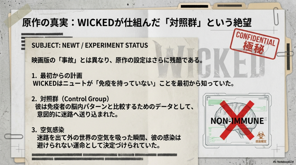 WICKEDによって意図的に「対照群」として迷路へ送り込まれたニュートの残酷な真実を解説するスライド