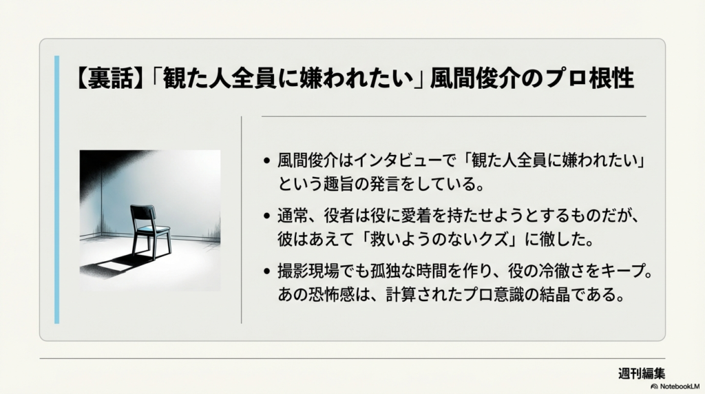 「観た人全員に嫌われたい」という風間俊介さんのインタビュー内容や、現場での孤独な役作りを紹介するスライド。スポットライトに照らされた、ぽつんと置かれた一脚の椅子のイラスト。