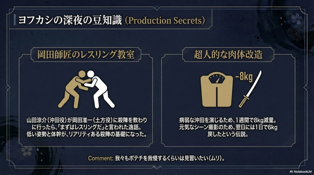岡田准一によるレスリング指導と、山田涼介の1週間で8kg減量という驚異の役作りエピソードのイラスト 。