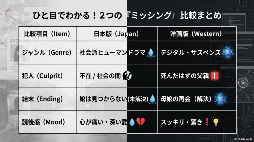 日本版と洋画版のジャンル、犯人の有無、結末、読後感を一覧表で比較し、気分に合わせた選び方を提示するスライド。