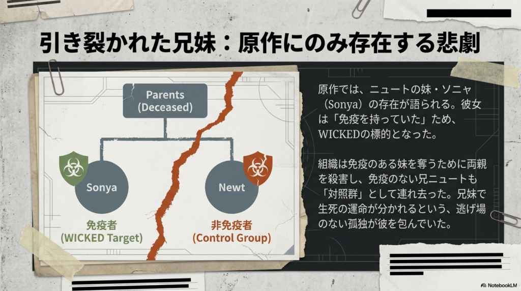 免疫者の妹ソニャと非免疫者の兄ニュート、組織によって引き裂かれた兄妹の運命を描いた相関図スライド