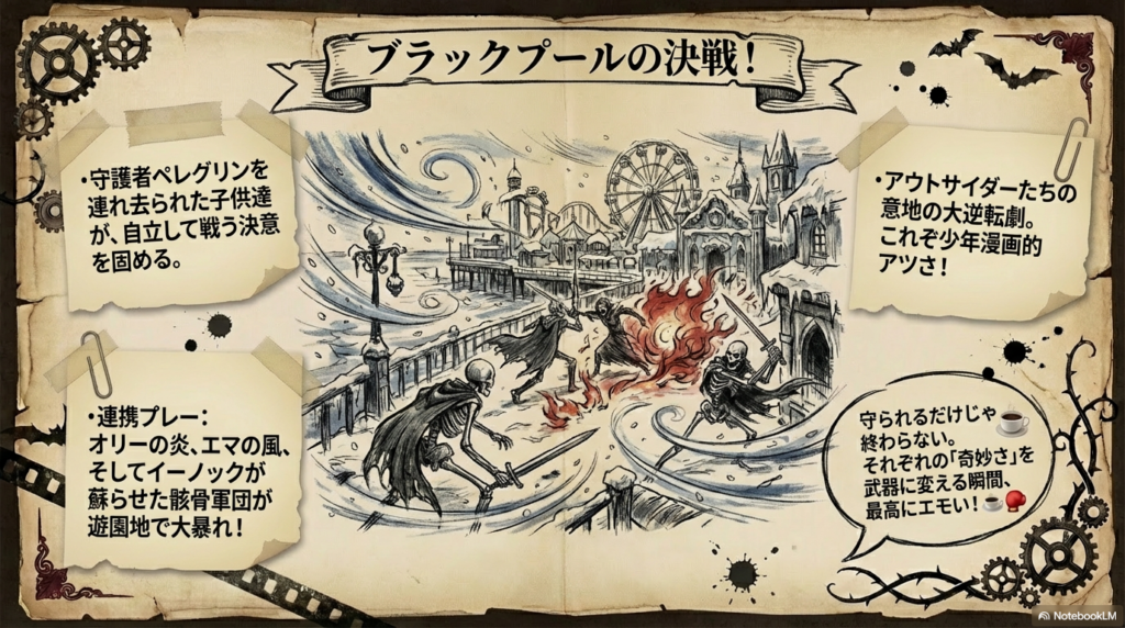 遊園地で子供たちがそれぞれの能力を武器に変えて戦う、クライマックスの連携プレーを描いたイラストスライド。