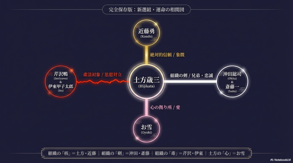 組織の「核（近藤・土方）」「剣（沖田・斎藤）」「毒（芹沢・伊東）」「心（お雪）」を網羅した全体相関図 。