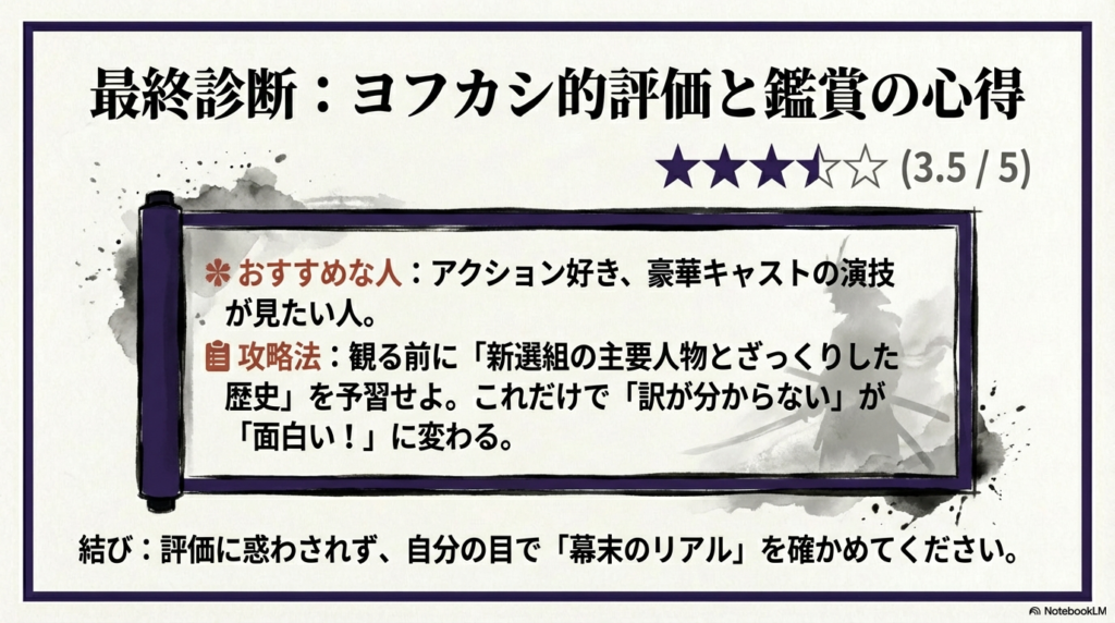 星3.5の評価とともに、アクション好きや豪華キャスト目当ての人へのおすすめ、および「事前に歴史をざっくり予習せよ」という攻略法をまとめたスライド。