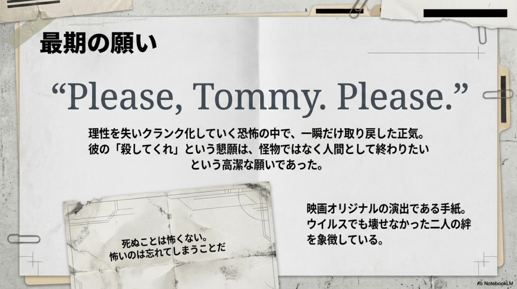 ニュートの最期の言葉「Please, Tommy.」と、二人の絆を象徴する映画オリジナルの手紙をテーマにしたスライド