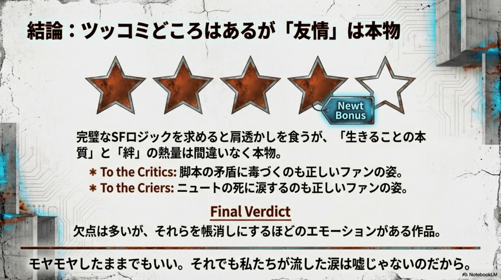 ニュートとトーマスの絆を象徴するビジュアルに、完璧なロジックよりも「生きることの本質」を評価するまとめ。