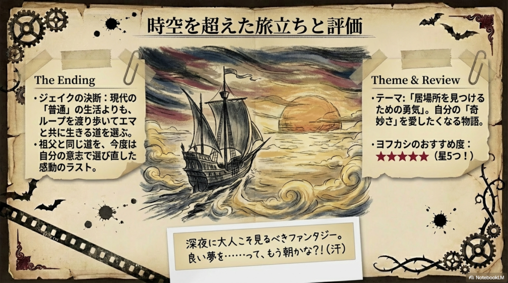 ジェイクがループで生きる道を選んだ結末と、テーマである「居場所を見つけるための勇気」をまとめた星5評価のスライド。