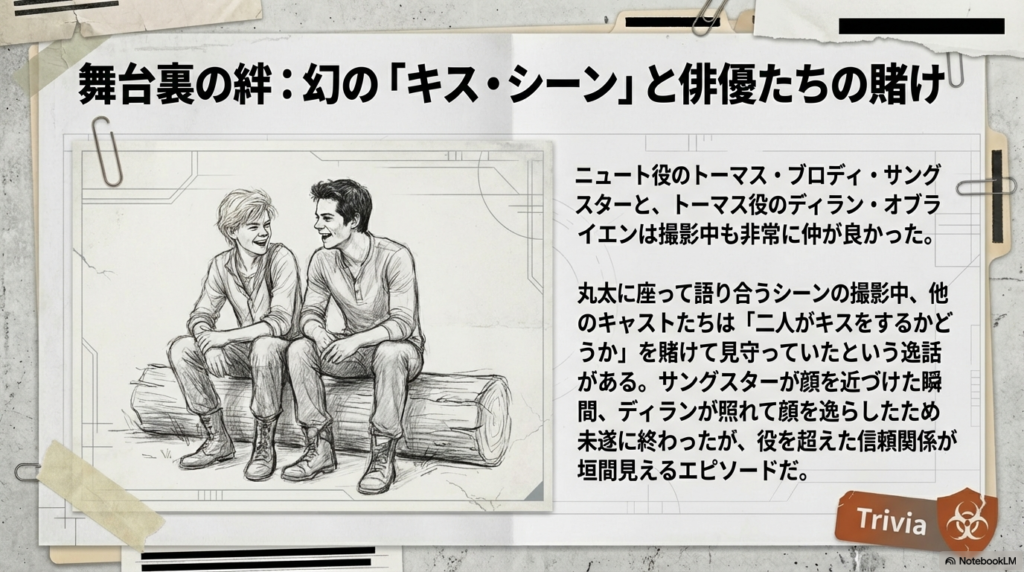 撮影中に丸太に座って談笑する、俳優トーマス・ブロディ・サングスターとディラン・オブライエンの絆を描いたスケッチ風スライド