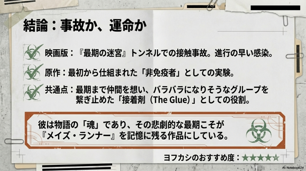 映画と原作の感染の違い、そして仲間を繋ぎ止める「接着剤」としてのニュートの役割をまとめた結論スライド