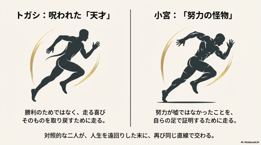 「呪われた天才」トガシと「努力の怪物」小宮のシルエット。走る喜びを取り戻すため、そして努力を証明するために走る二人の対比。