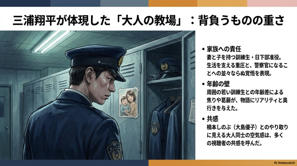 ロッカーに貼られた家族の写真を見つめる警察官姿の日下部准（三浦翔平）のイラスト。 家族への責任や年齢差による葛藤 、楠本しのぶとの大人同士の空気感について解説している。