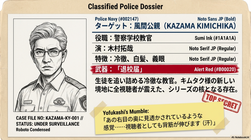 白髪で眼鏡をかけた冷徹な風間教官の肖像。武器は「退校届」と記されている。