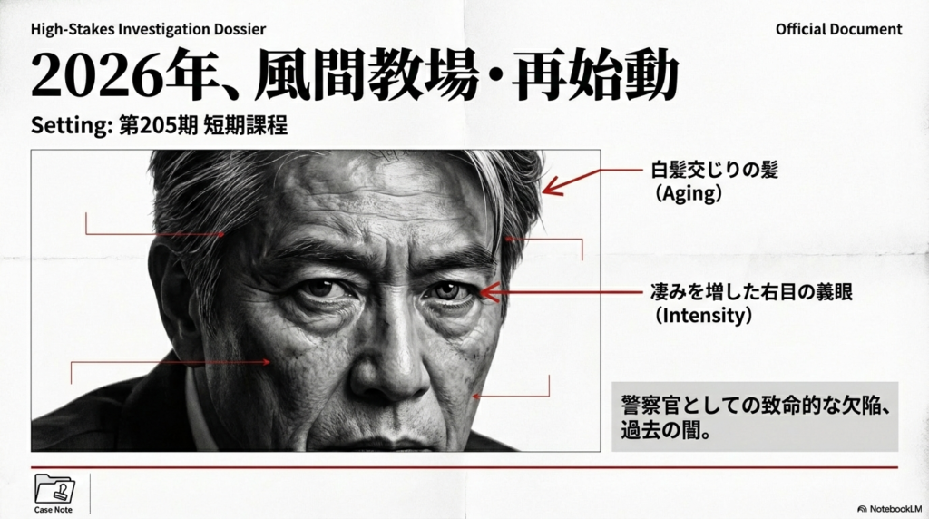 白髪混じりとなり、凄みを増した右目の義眼が特徴的な風間公親のアップ写真。第205期短期課程という設定や、彼の過去の闇について触れている。