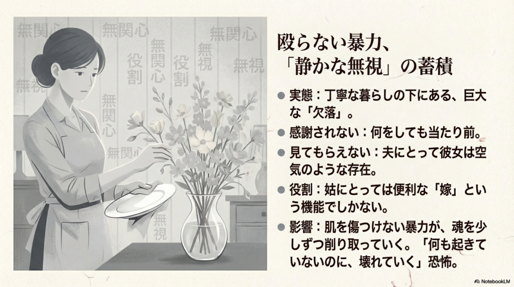 花を生ける女性のイラストに「無関心」「無視」「役割」という言葉が重なっている。夫からの無関心や姑からの「嫁という機能」としての扱いで、魂が削られていく恐怖を表現したスライド 。