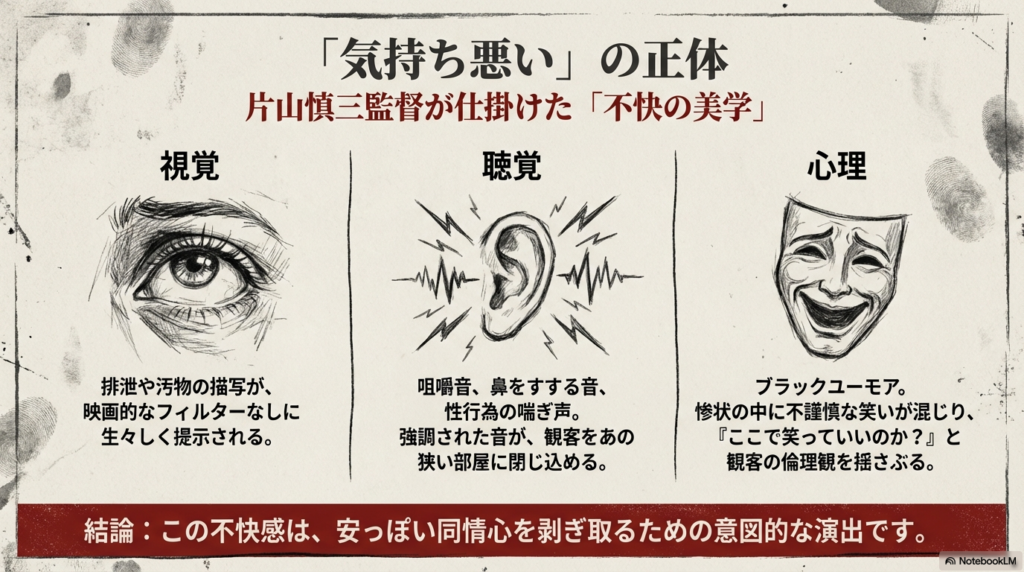 スライド3枚目。大きく見開かれた人間の目のイラスト。視覚的な汚物描写、咀嚼音などの強調された聴覚演出、ブラックユーモアによる心理的揺さぶりなど、意図的な演出としての「不快の美学」を解説している。