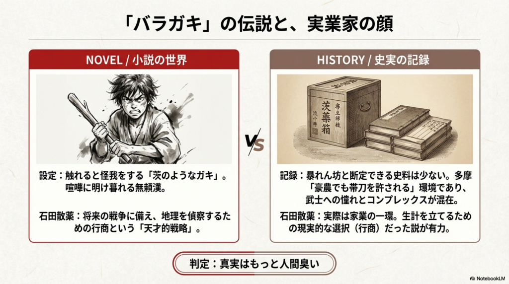 木刀を持つ少年のイラストと、石田散薬の薬箱のイラストの比較。小説の無頼漢設定と、史実の家業としての行商という違いを解説。