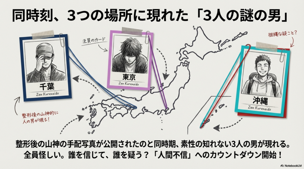 日本地図の上に、千葉・東京・沖縄の3地点に現れた素性の知れない3人の男の似顔絵が配置されている図 。