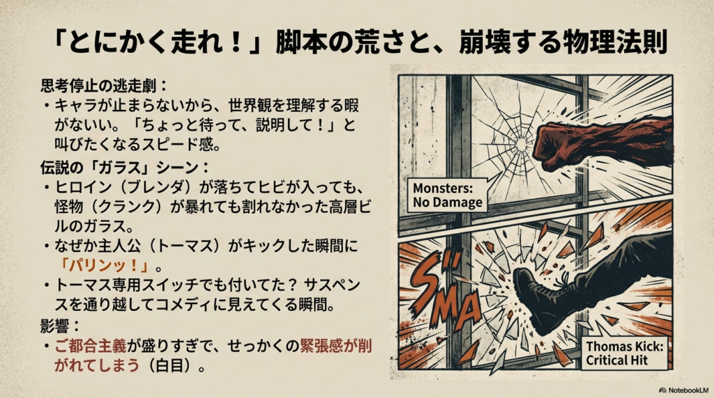 怪物でも割れなかったガラスが主人公トーマスのキックで割れる様子を、コミカルな比較（Monsters: No Damage / Thomas Kick: Critical Hit）で描いたイラストスライド。