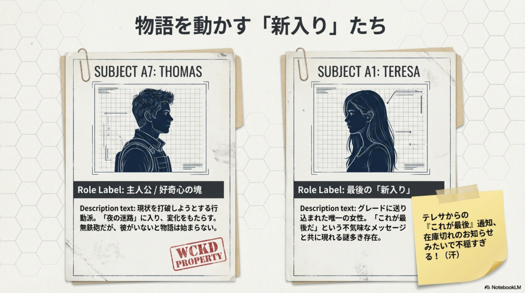 主人公トーマス(好奇心の塊)と、唯一の女性である最後の新入りテレサのプロフィールスライド 。