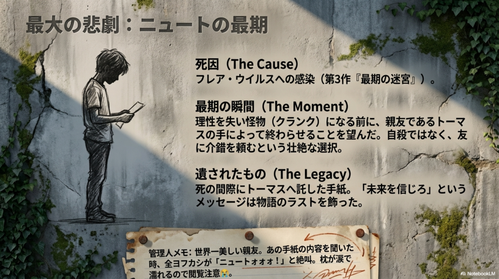 ニュートの死因がフレア・ウイルスへの感染であること、親友トーマスに介錯を頼んだ最期、そして「未来を信じろ」という手紙のメッセージを解説するスライド。