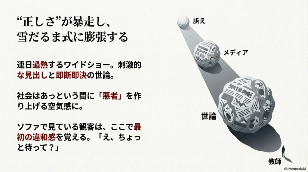 正しさが暴走し、ワイドショーやメディア、世論が雪だるま式に膨張していく様子を描いたスライド。
