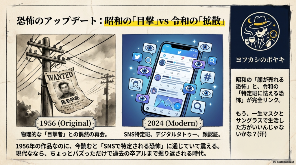 1956年の指名手配ポスターと、2024年のSNS画面を比較したイラスト。昭和の偶然の再会と、令和のデジタルタトゥーや特定班の恐怖を対比させている。