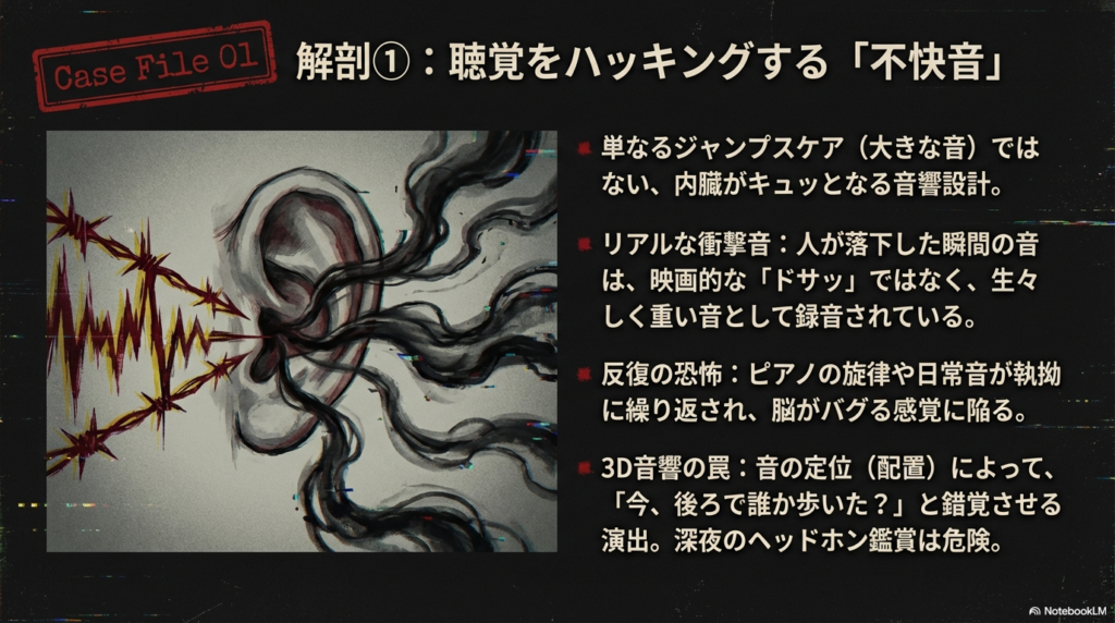 リアルな衝撃音や反復するピアノの旋律など、3D音響による恐怖の仕掛けを解説したスライド