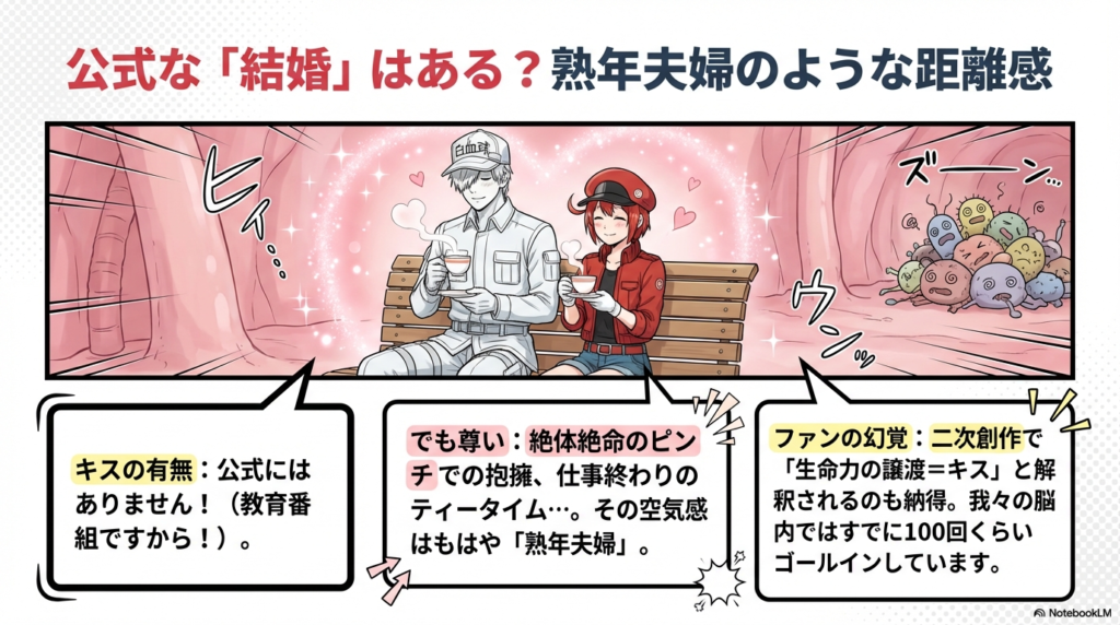 ベンチに座ってティータイムを楽しむ白血球と赤血球。公式なキスの有無や、ファンの間での「生命力の譲渡＝キス」という解釈についての解説 。