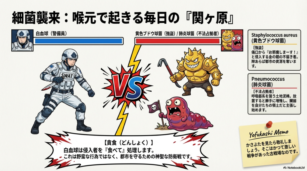 白血球が黄色ブドウ球菌や肺炎球菌と戦い、侵入者を食べて処理（貪食）する様子を描いた図解 。