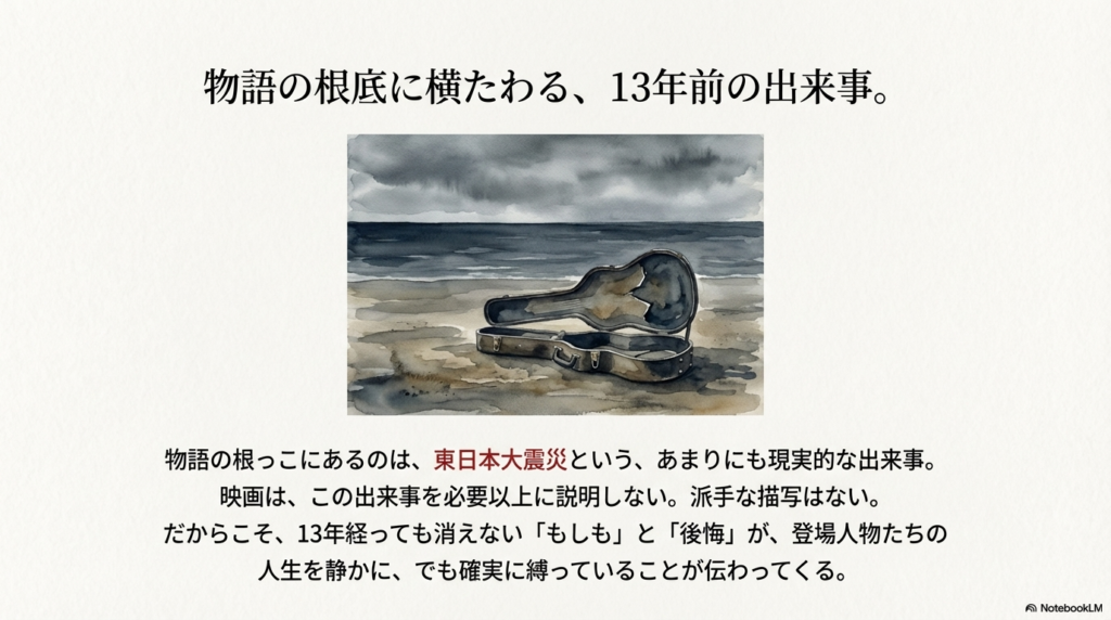 砂浜に置かれた空のギターケースのイラスト。「物語の根っこにあるのは、東日本大震災」「13年経っても消えない『もしも』と『後悔』が人生を縛る」という解説文