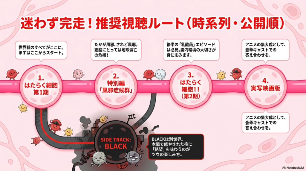 第1期、特別編、第2期、実写映画、そしてBLACKへ続く理想的な視聴順のロードマップ。