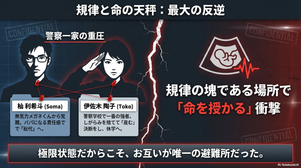杣利希斗の覚醒と伊佐木陶子の決断を、警察学校という特殊な環境と対比させたインパクトのあるスライド。