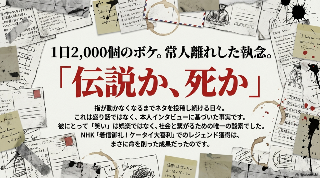 「伝説か、死か」という文字とともに、1日2000個のボケを投稿し続けた圧倒的な執念についての解説