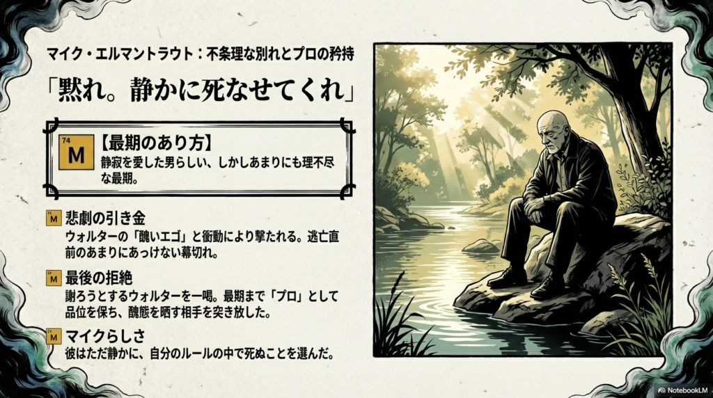 川辺で静かに座り込むマイクのイラスト。ウォルターに撃たれた不条理な最期の中でも、「静かに死なせてくれ」と品位を保ち続けた姿の解説。